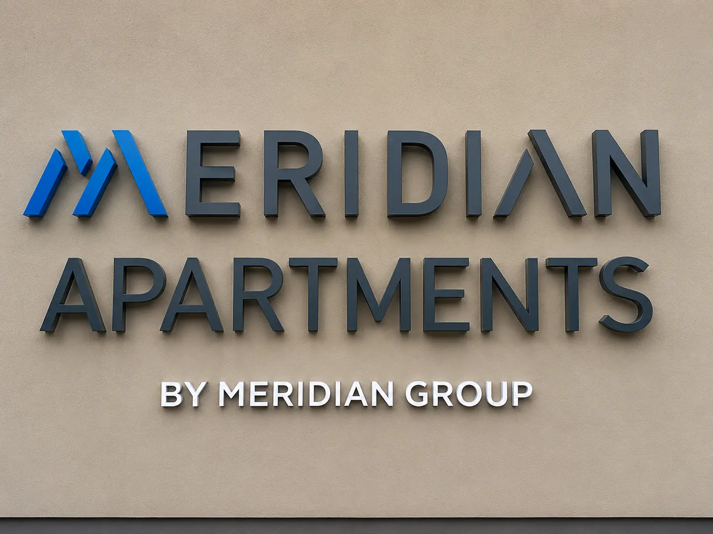 Close-up of finished dimensional lettering for Meridian Apartments