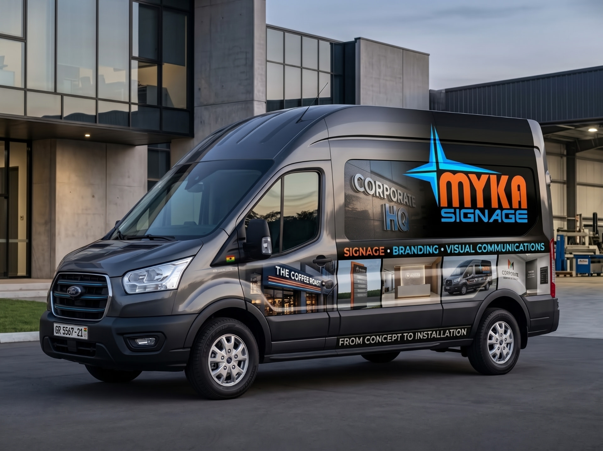 MYKA Signage branded corporate van, full side view