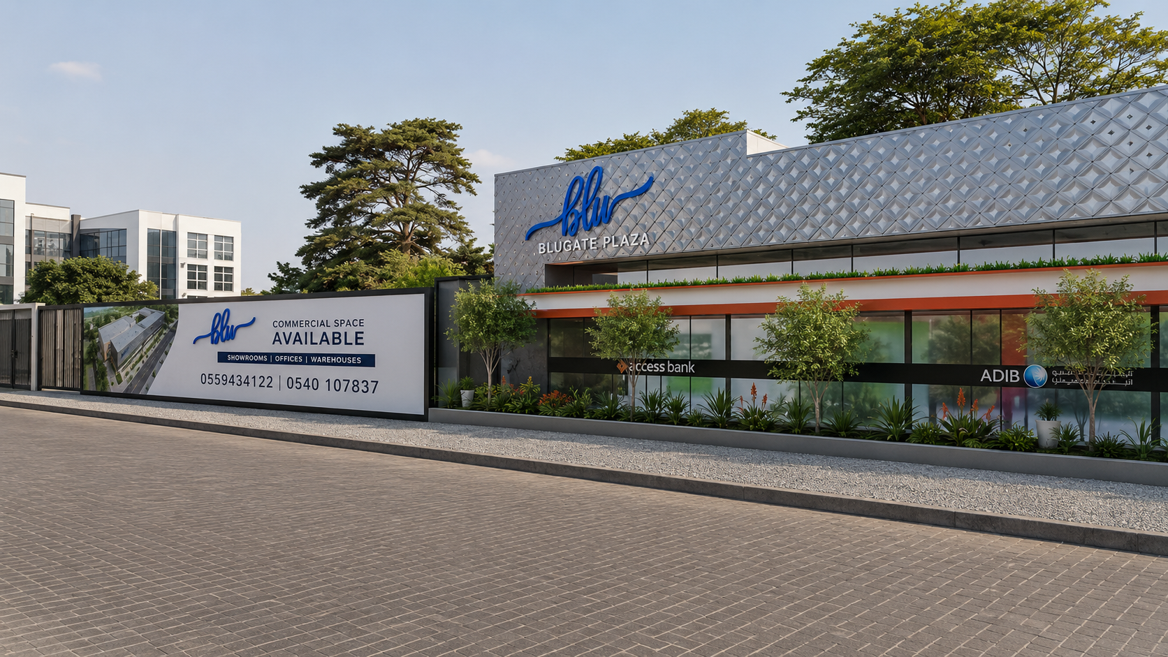 Blugate Plaza with blu building signage and printed site hoarding