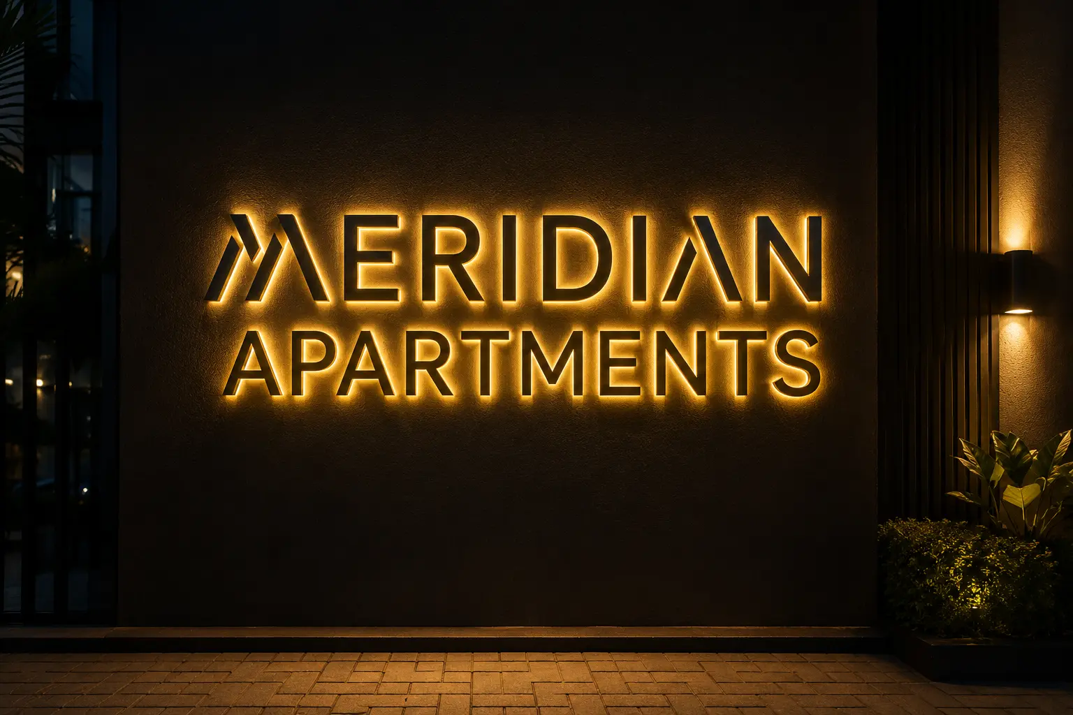 Warmly backlit Meridian Apartments dimensional signage on a dark wall