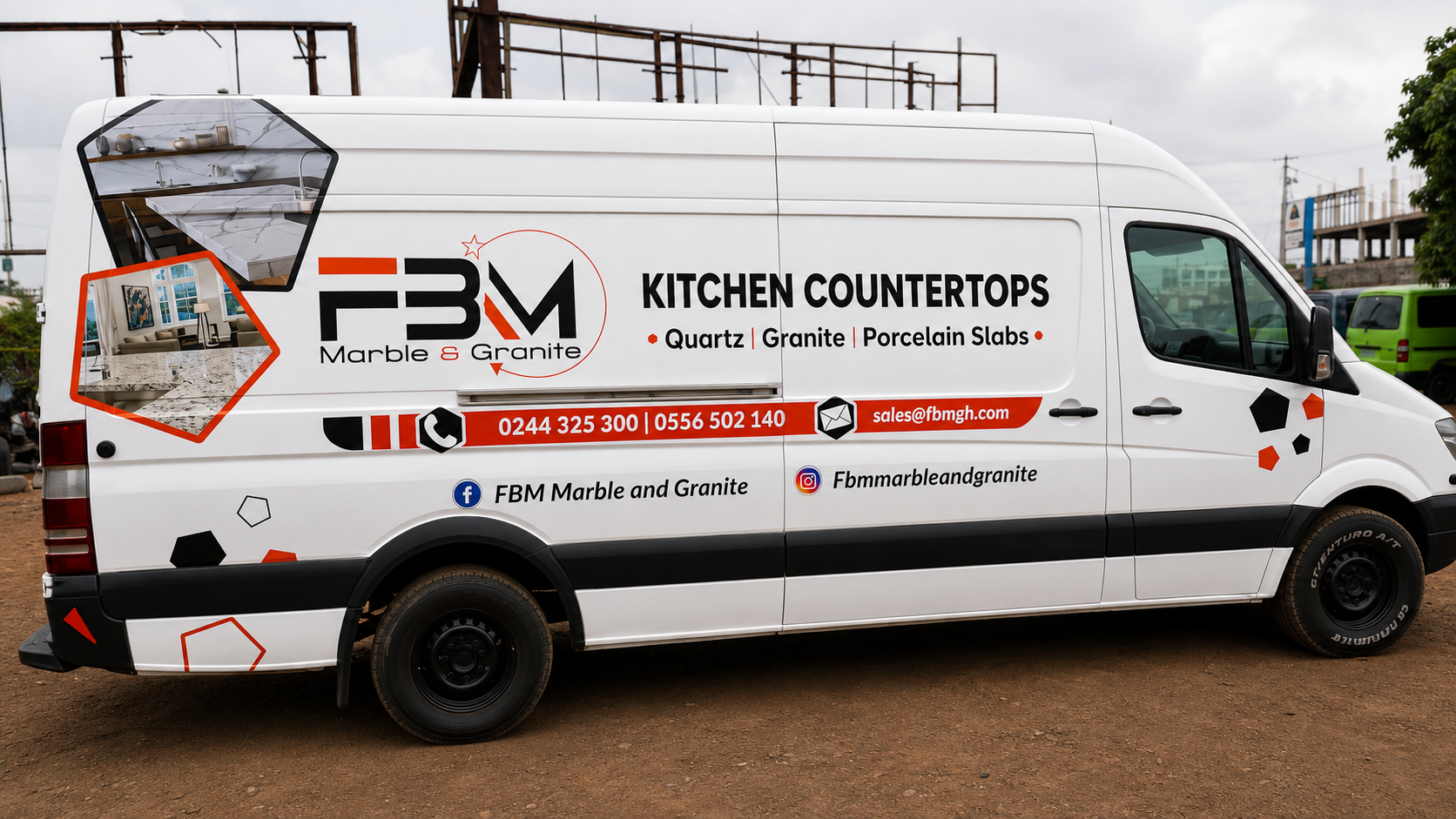 FBM Marble & Granite branded Sprinter van, full side view