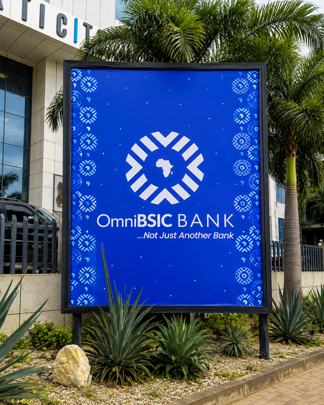 Large blue outdoor sign for OmniBSIC Bank