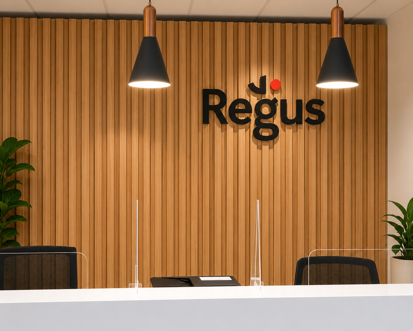 Dimensional Regus logo mounted on a slatted timber reception wall