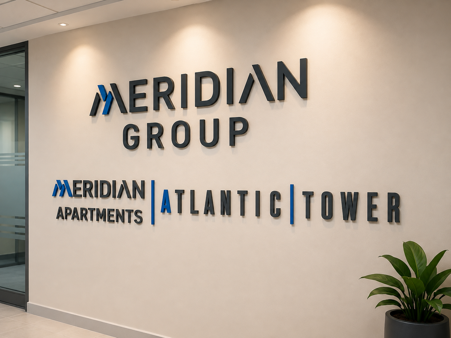 Meridian Group dimensional lobby wall signage with Meridian Apartments and Atlantic Tower lock-ups
