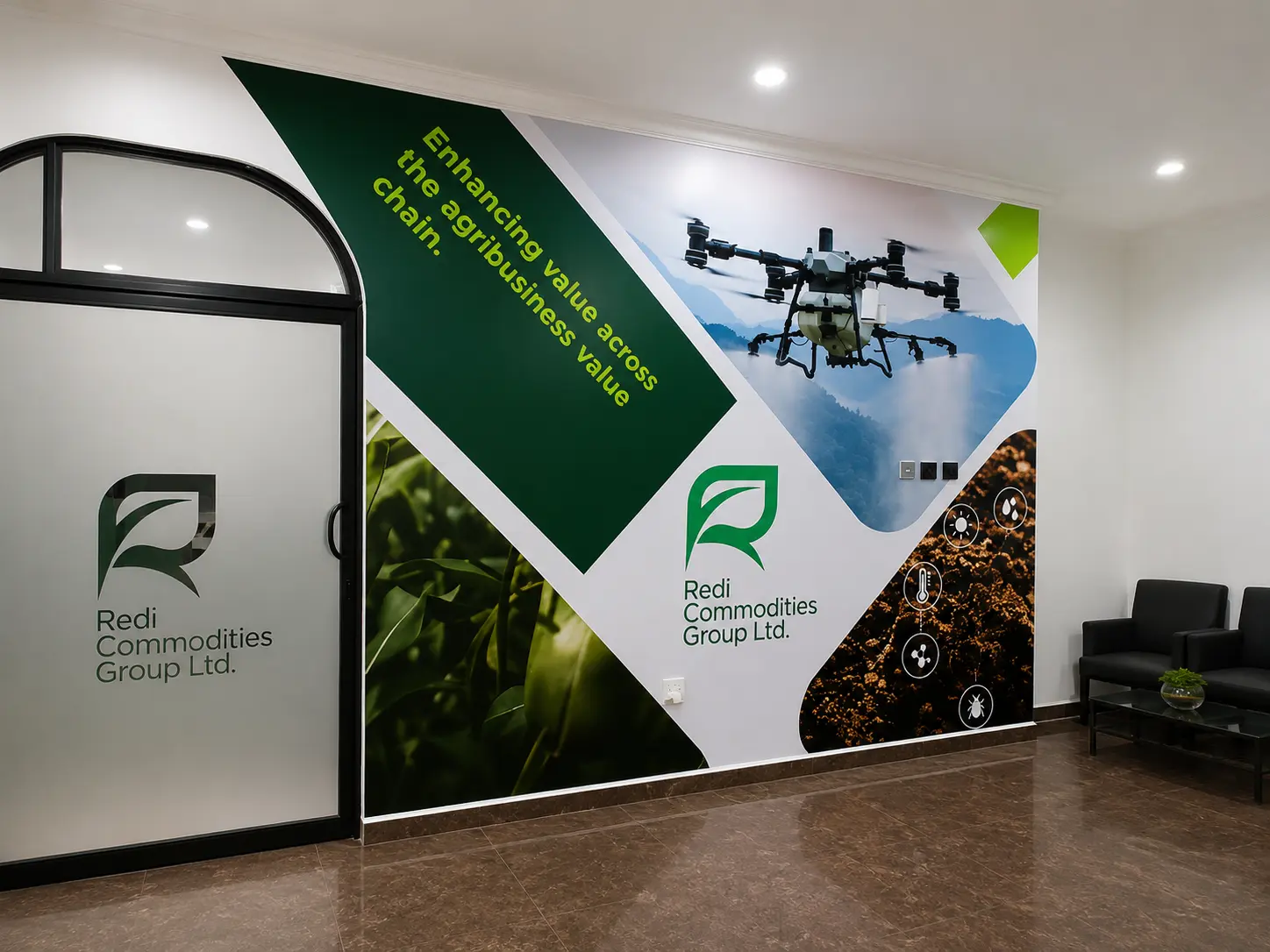 Large-format wall graphics applied to an interior feature wall