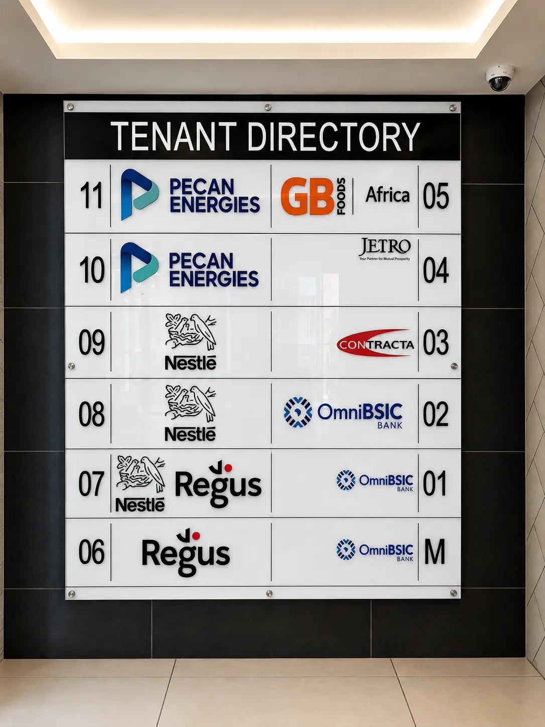 Directional wayfinding signage in a building corridor