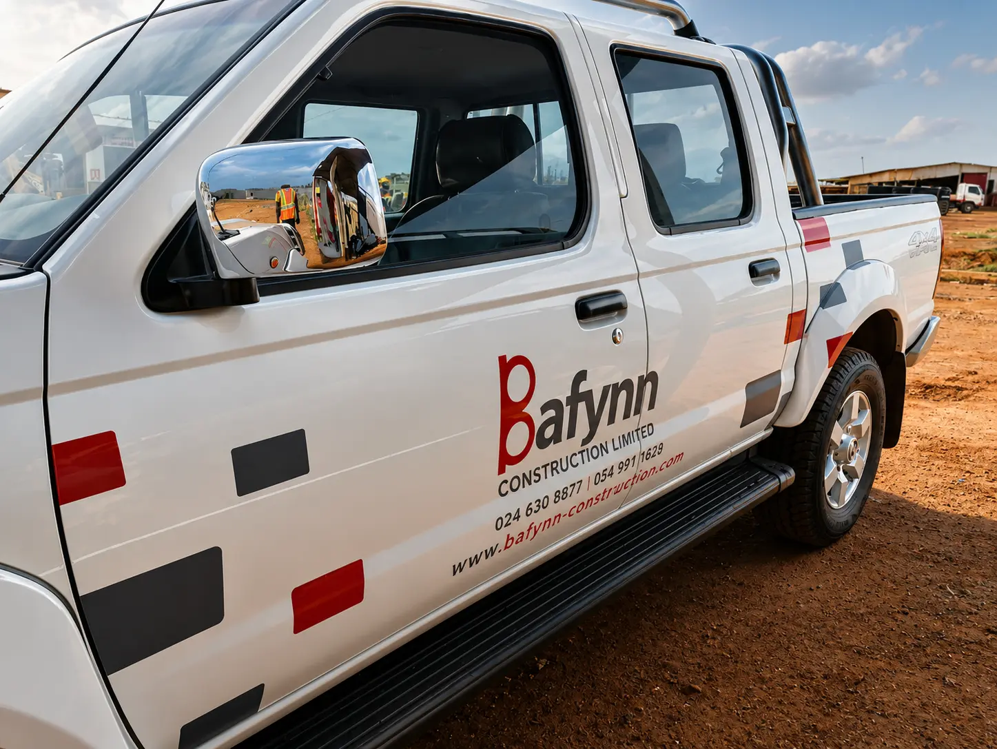 Bafynn Construction pickup truck branded with cut vinyl graphics by MYKA Signage