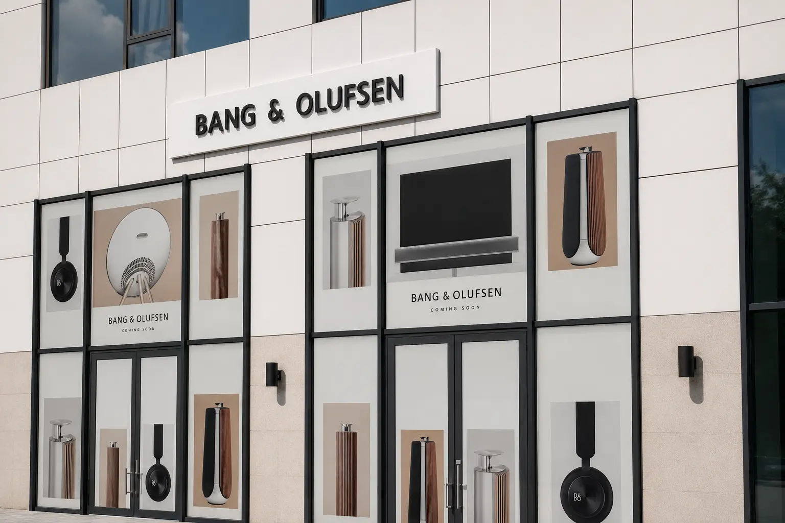Bang & Olufsen retail shopfront with branded fascia and window graphics