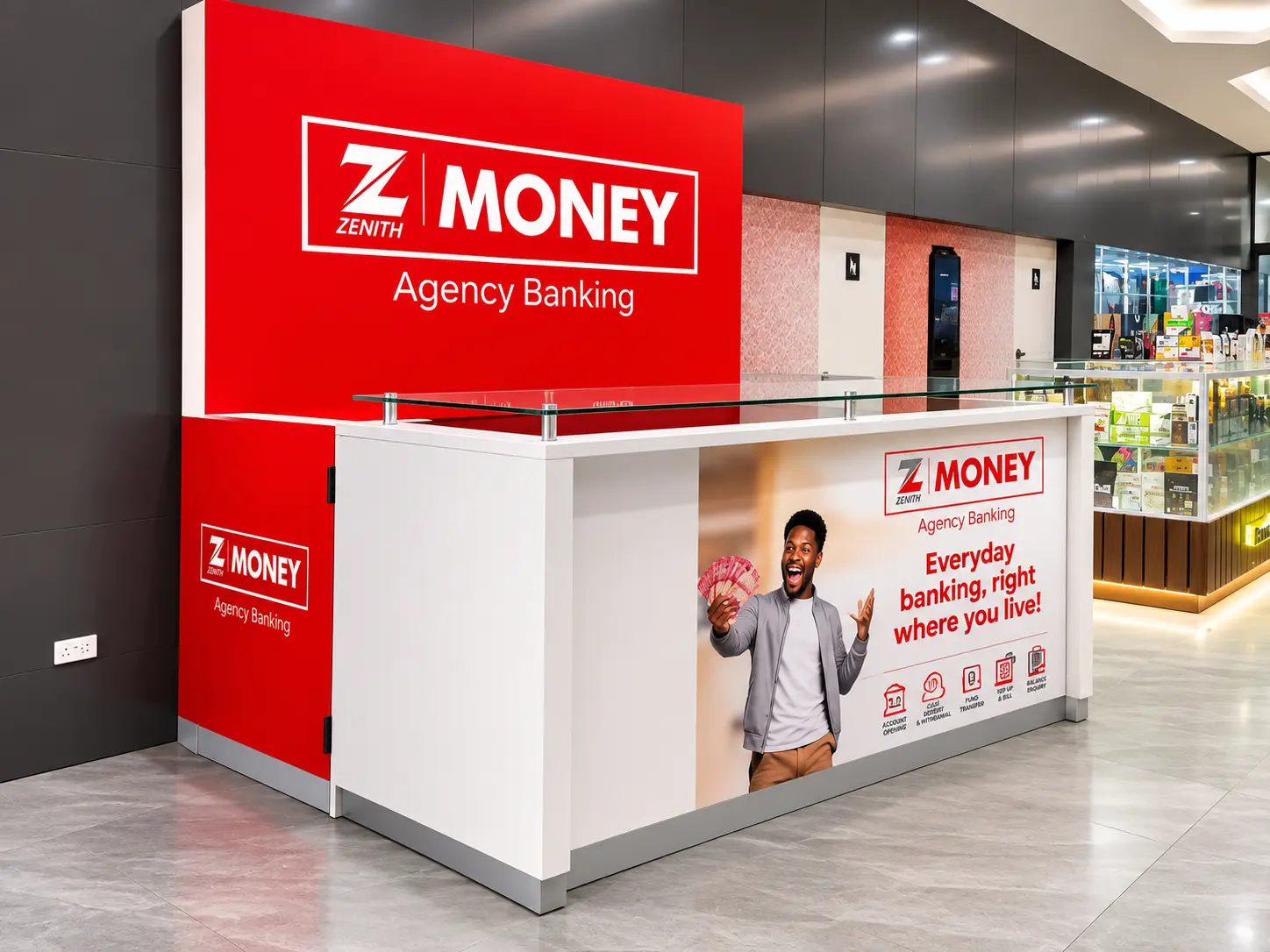 Branded Z Money activation stand and counter built inside a shopping mall