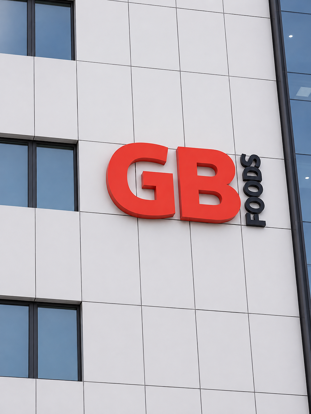 GB Foods dimensional signage on a building facade in daylight