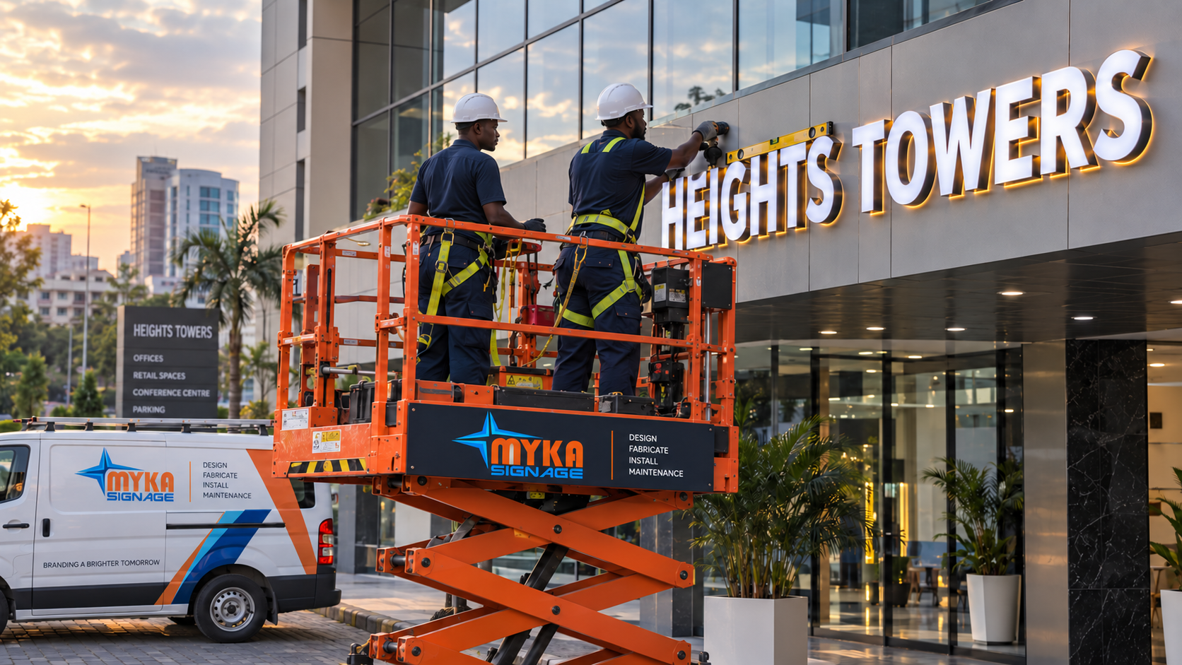 MYKA Signage technicians on a scissor lift installing illuminated Heights Towers signage, with the branded MYKA van parked below