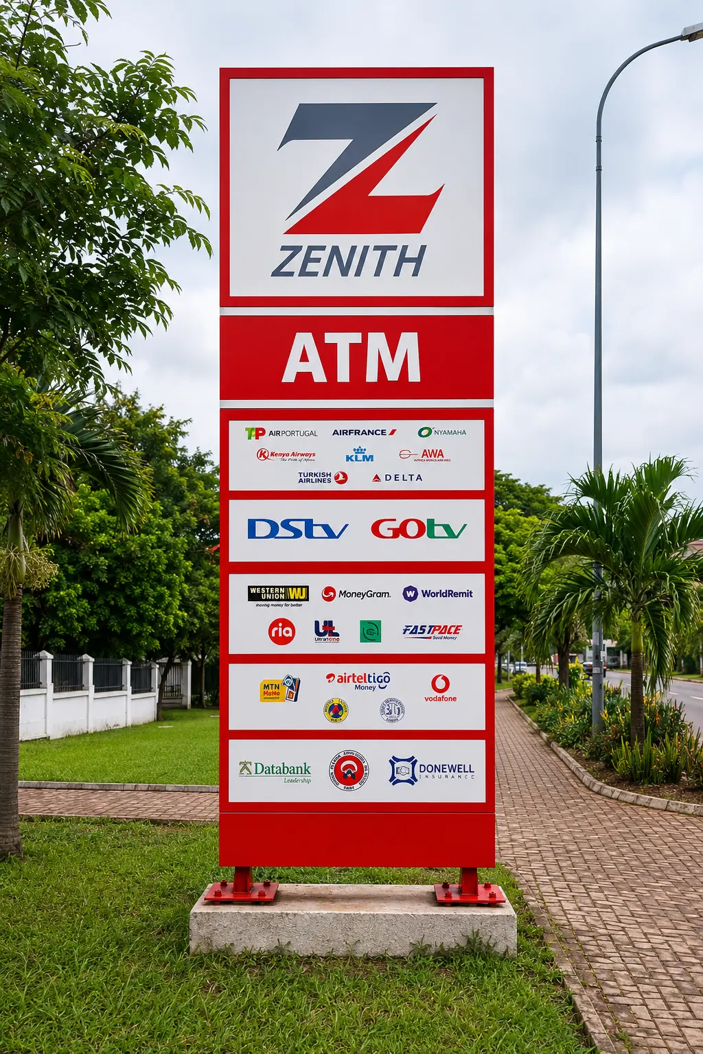 Red Zenith Bank ATM pylon sign with partner card logos