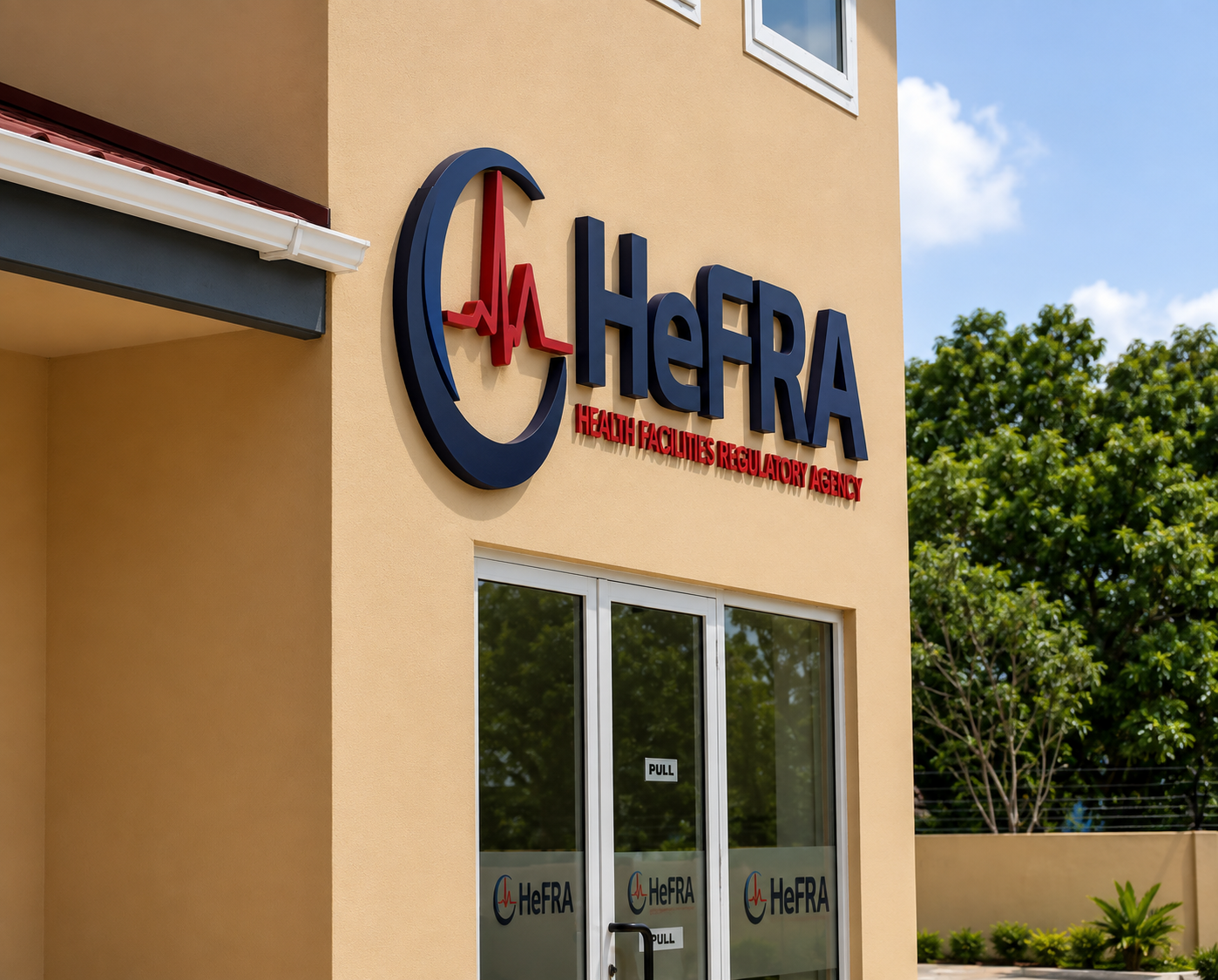 Dimensional HeFRA logo and lettering on an office building wall